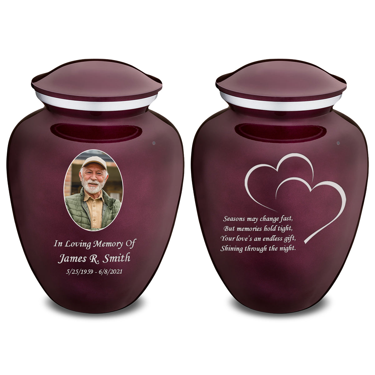 Medium Embrace Cherry Purple Portrait with Hearts Cremation Urn
