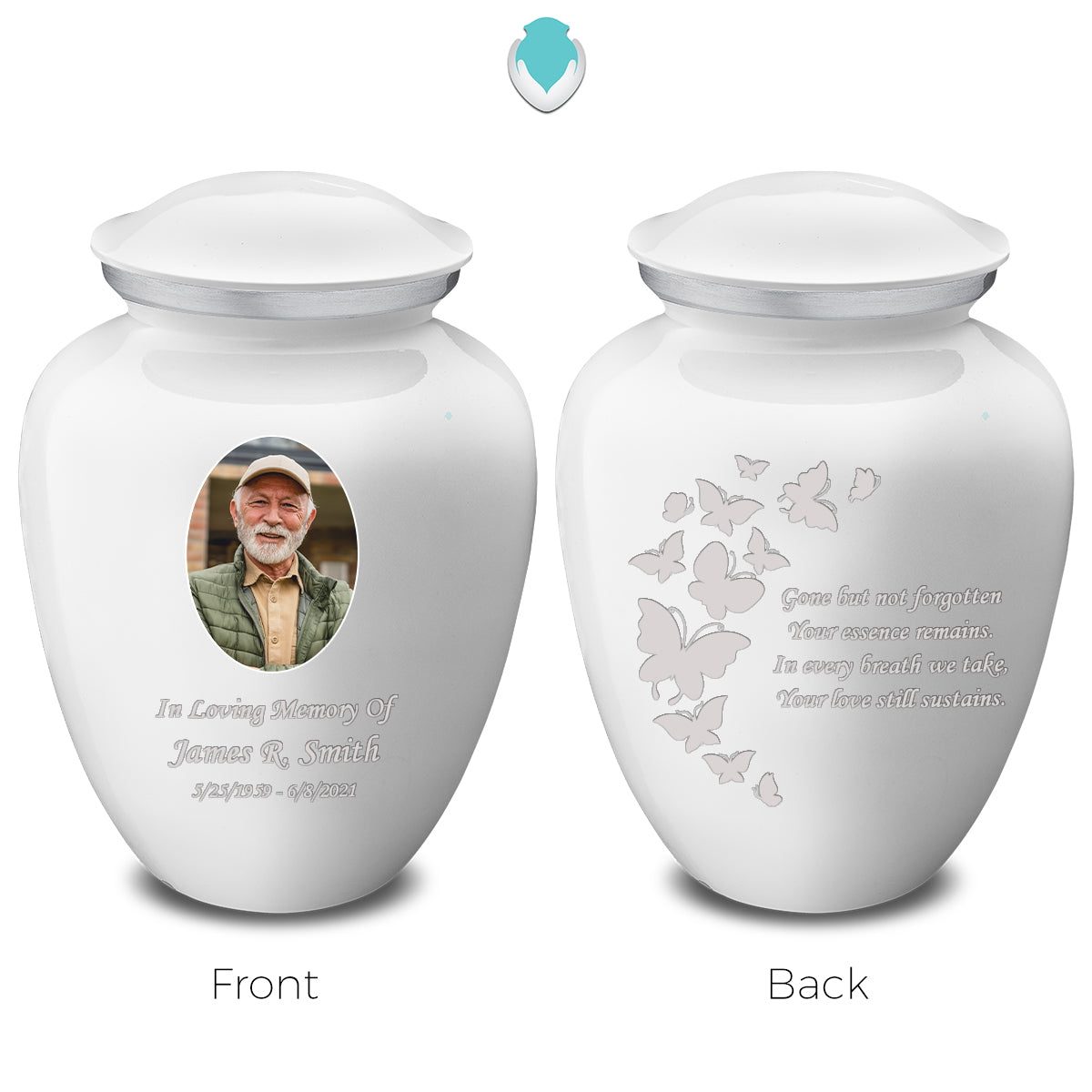 Medium Embrace White Portrait with Butterflies Cremation Urn