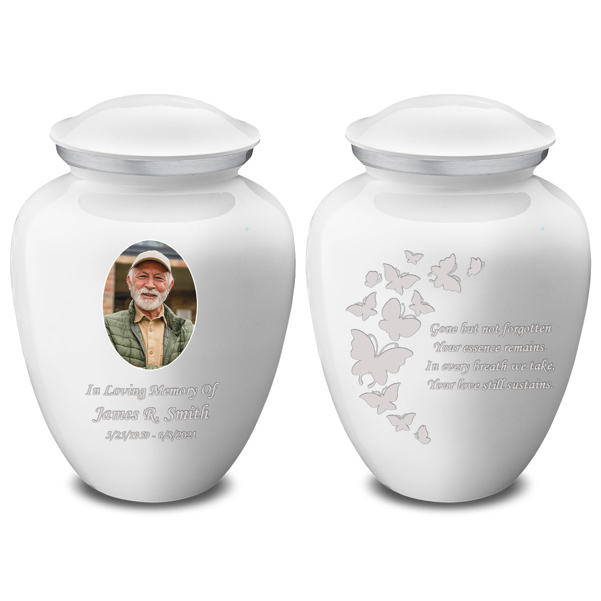 Medium Embrace White Portrait with Butterflies Cremation Urn