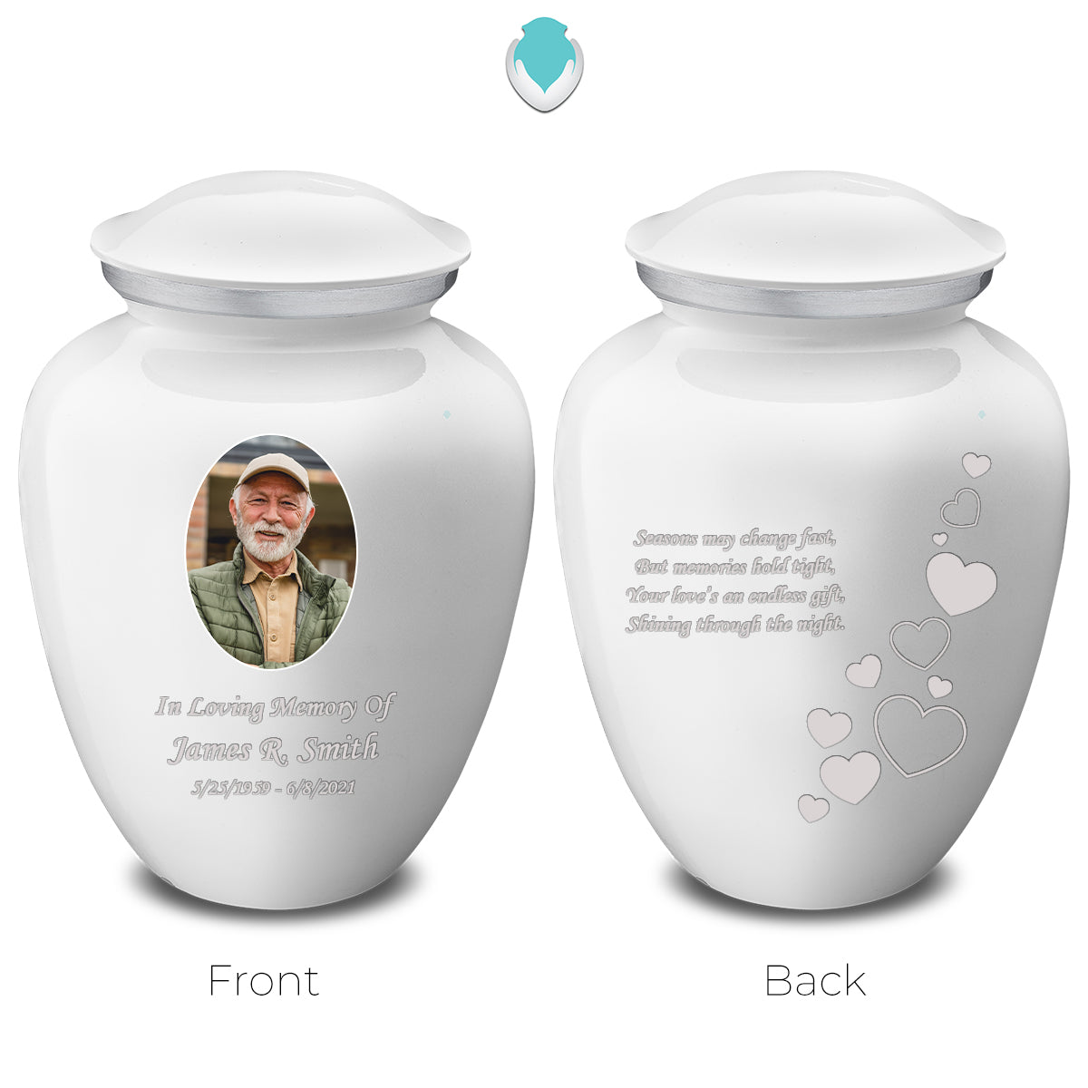 Medium Embrace White Portrait with Floating Hearts Cremation Urn