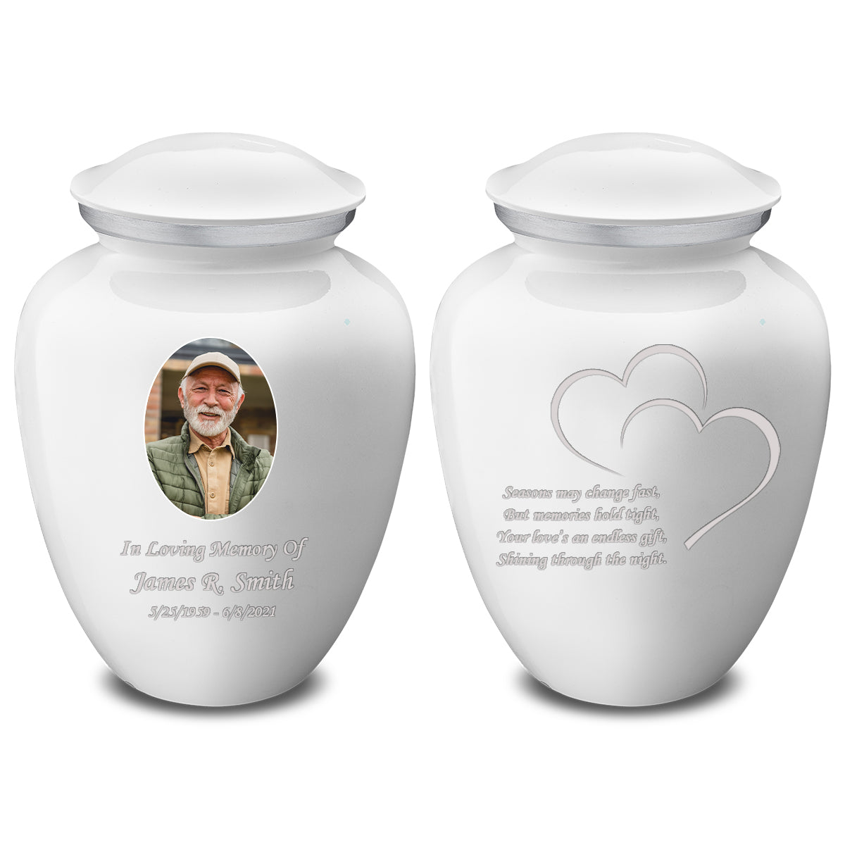 Medium Embrace White Portrait with Hearts Cremation Urn