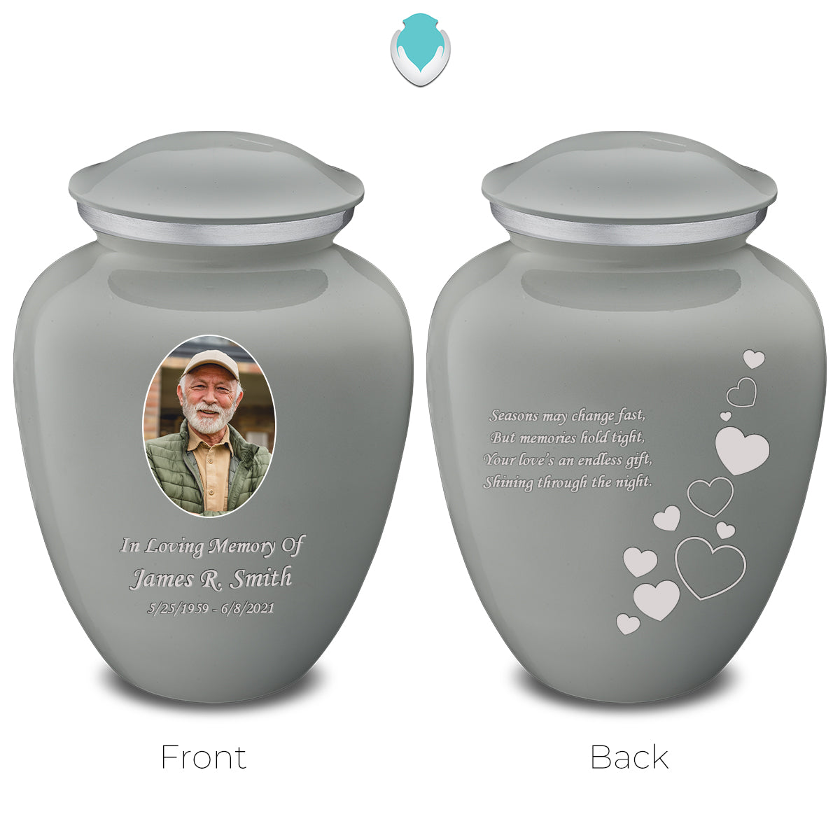 Medium Embrace Slate Grey Portrait with Floating Hearts Cremation Urn