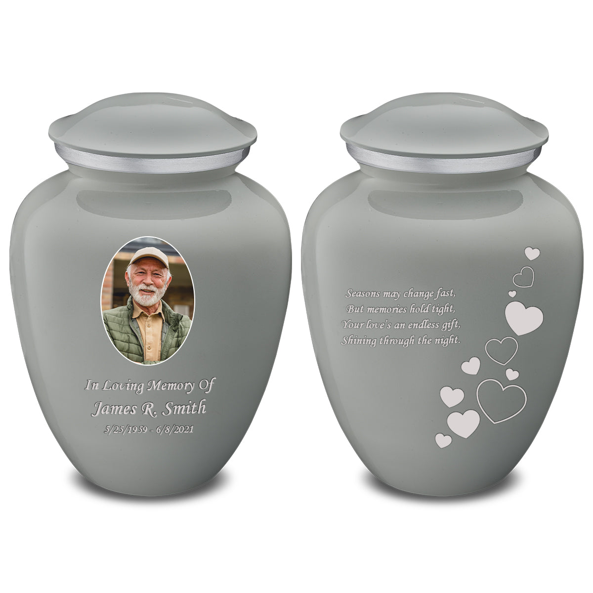 Adult Embrace Slate Grey Portrait with Floating Hearts Cremation Urn