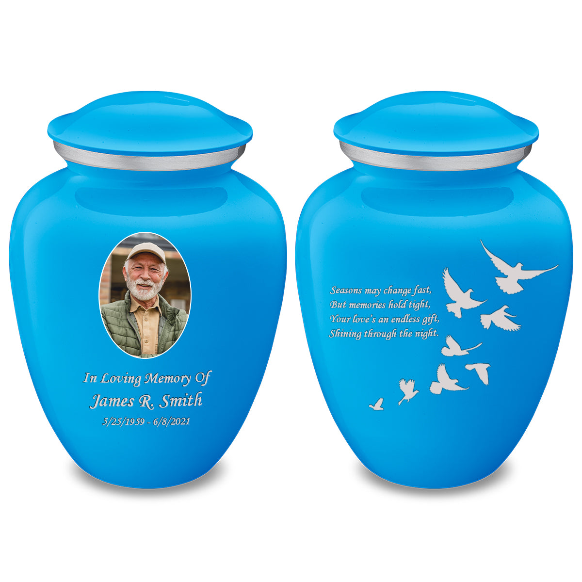 Adult Embrace Racing Blue Portrait with Doves Cremation Urn