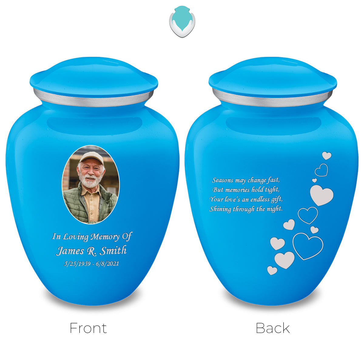 Medium Embrace Racing Blue Portrait with Floating Hearts Cremation Urn