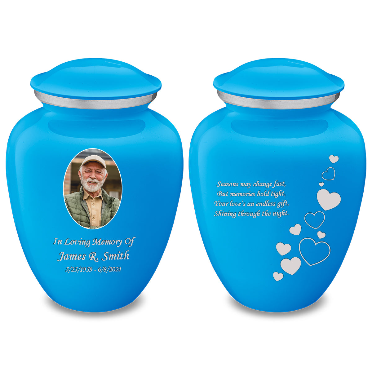 Medium Embrace Racing Blue Portrait with Floating Hearts Cremation Urn