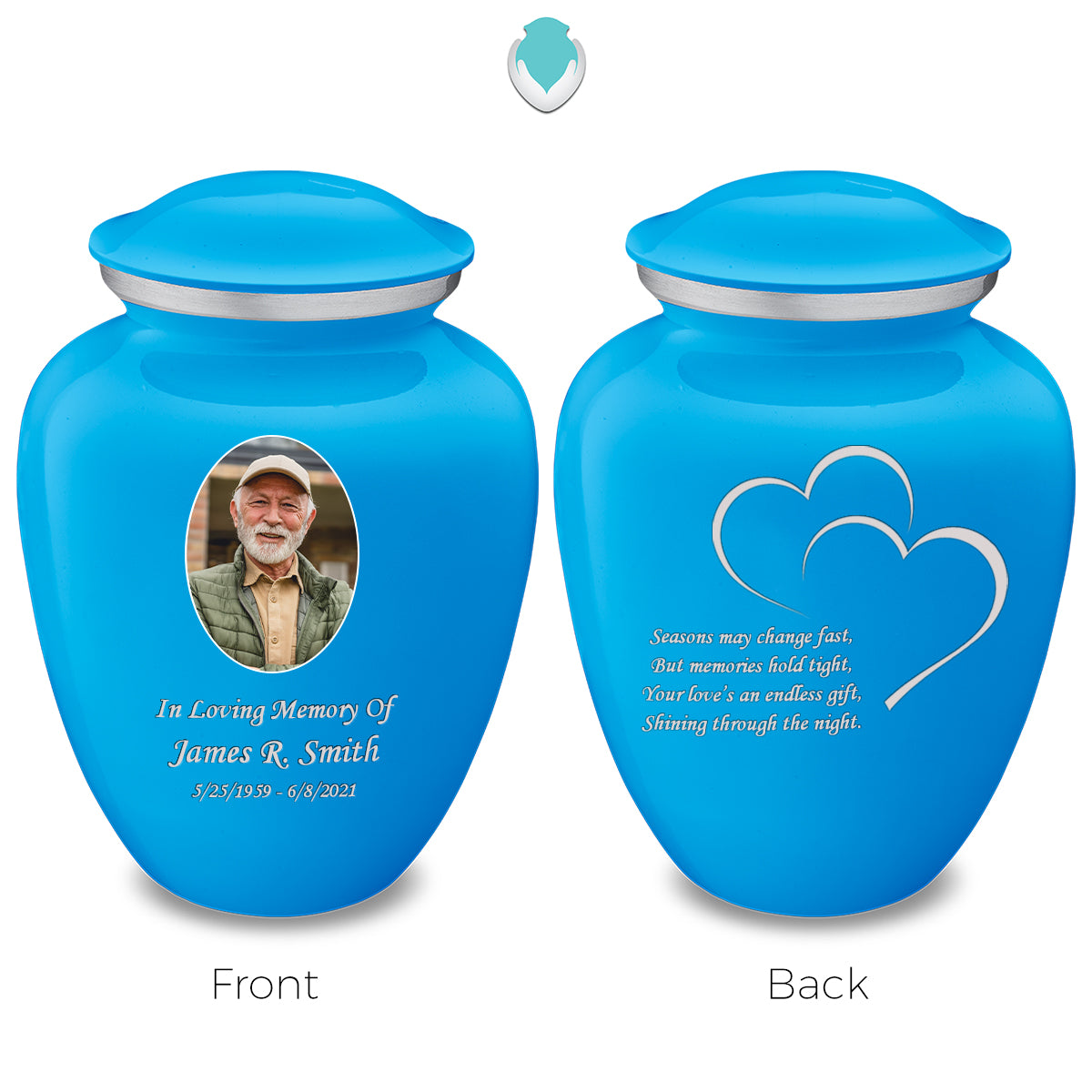 Medium Embrace Racing Blue Portrait with Hearts Cremation Urn