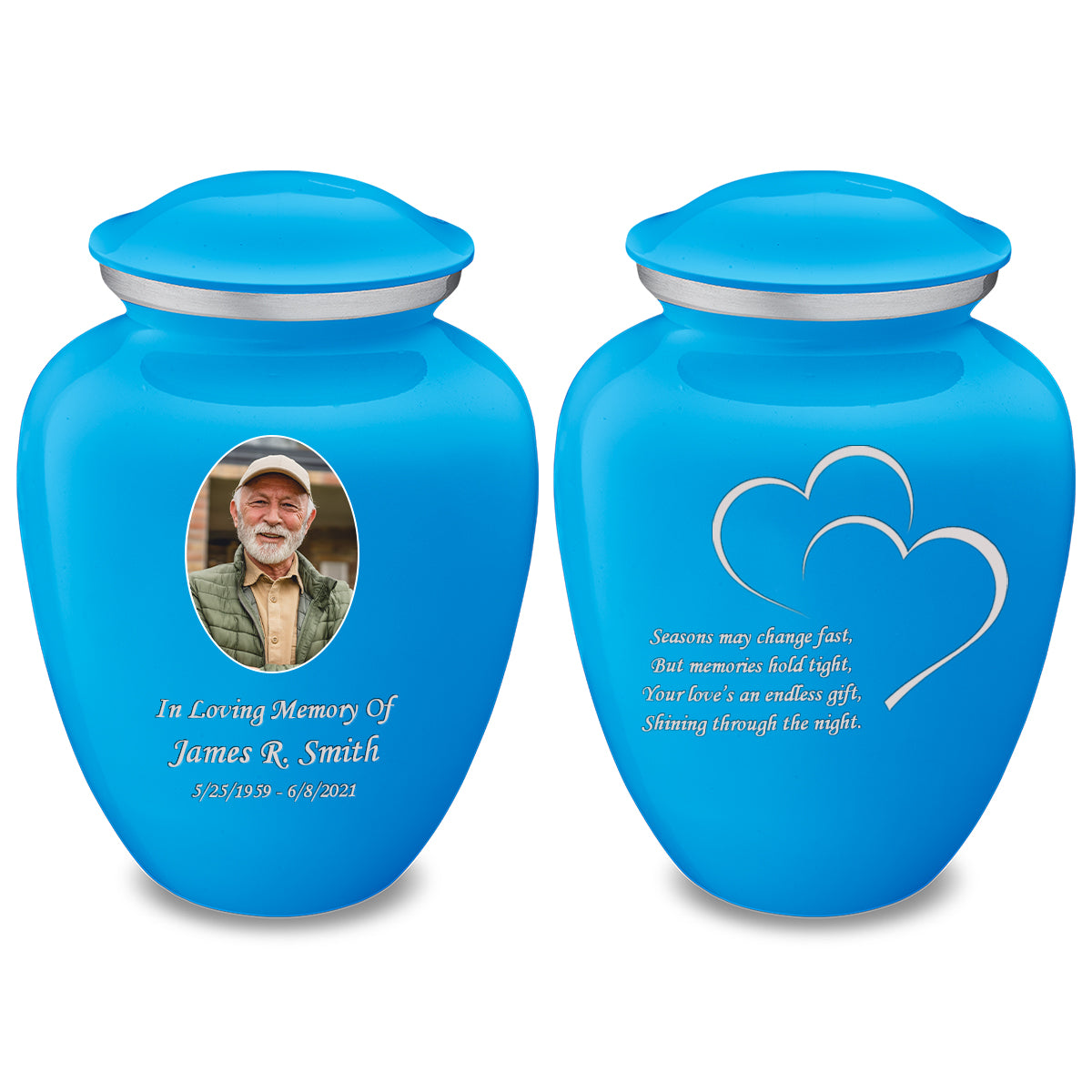 Medium Embrace Racing Blue Portrait with Hearts Cremation Urn