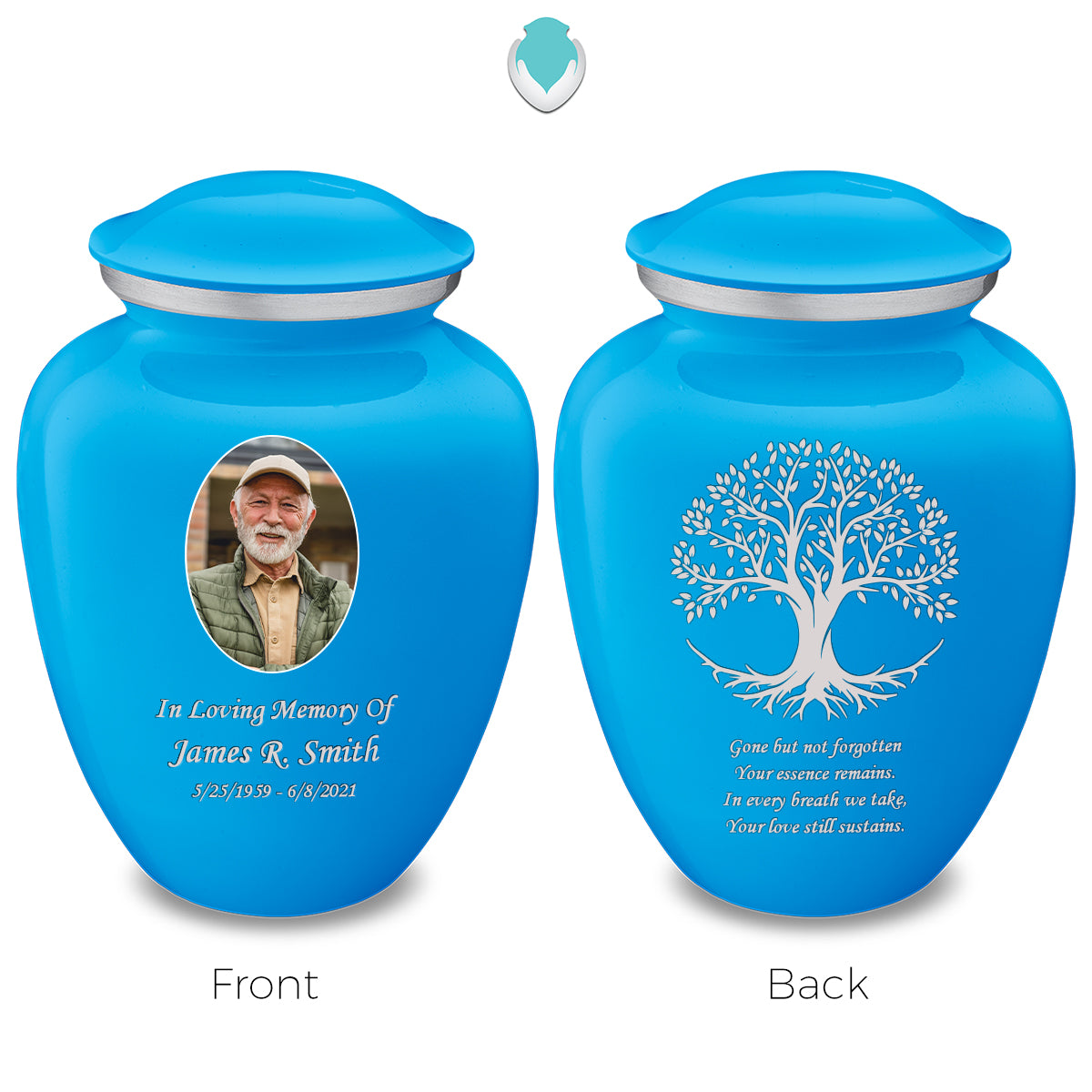 Medium Embrace Racing Blue Portrait with Tree of Life Cremation Urn