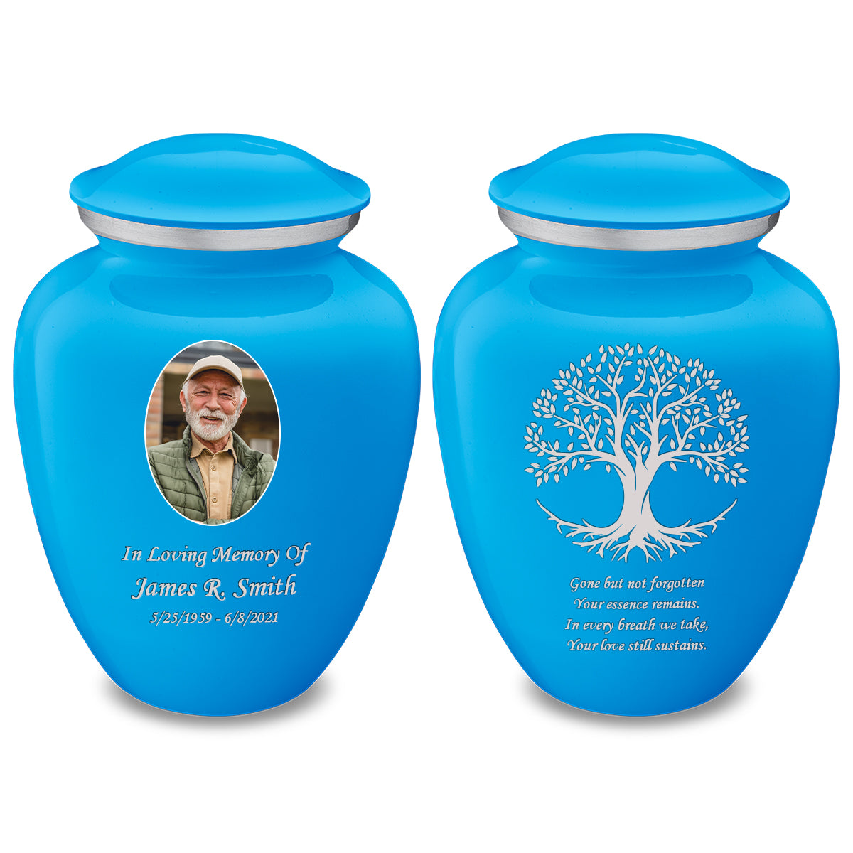 Medium Embrace Racing Blue Portrait with Tree of Life Cremation Urn