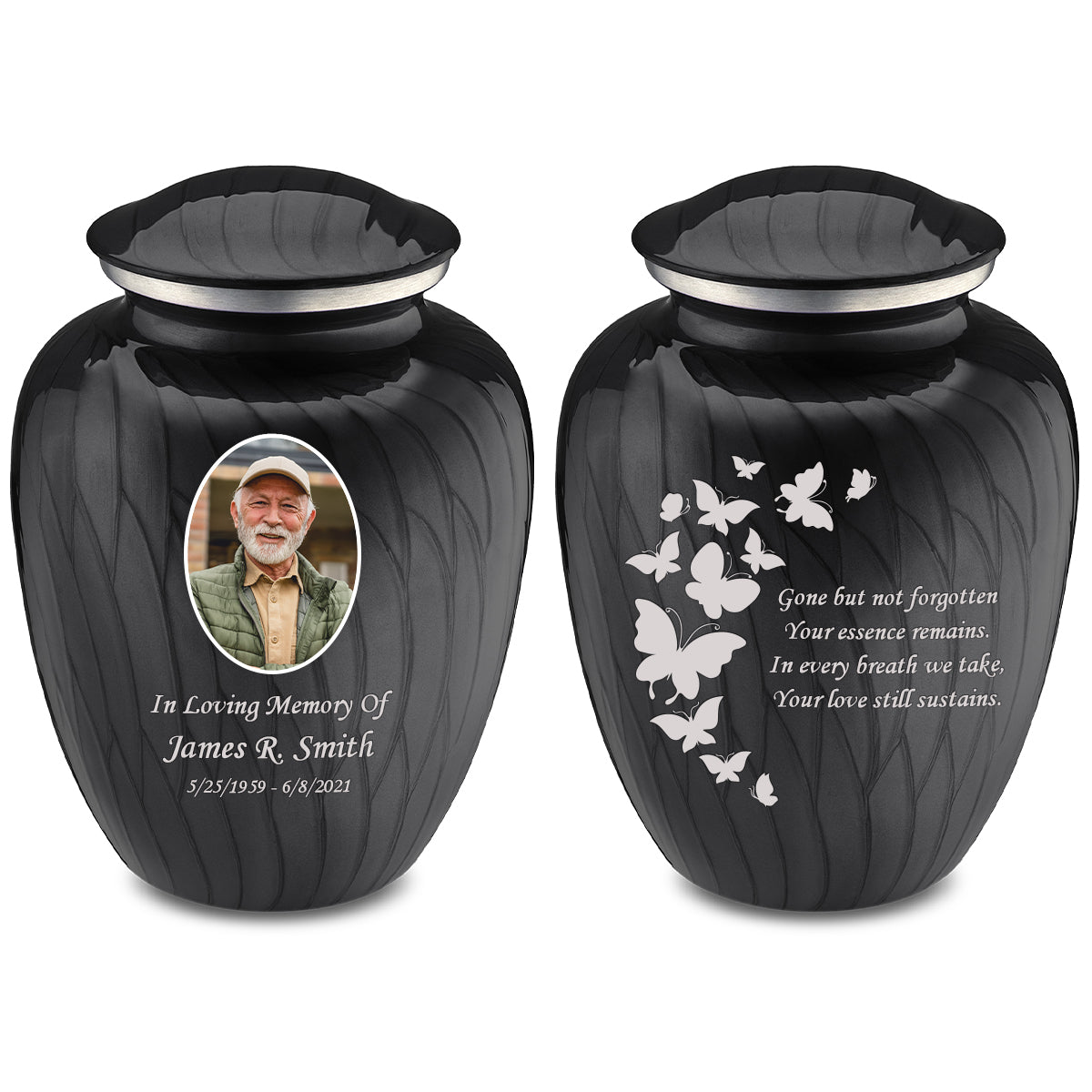 Medium Embrace Pearl Black Portrait with Butterflies Cremation Urn