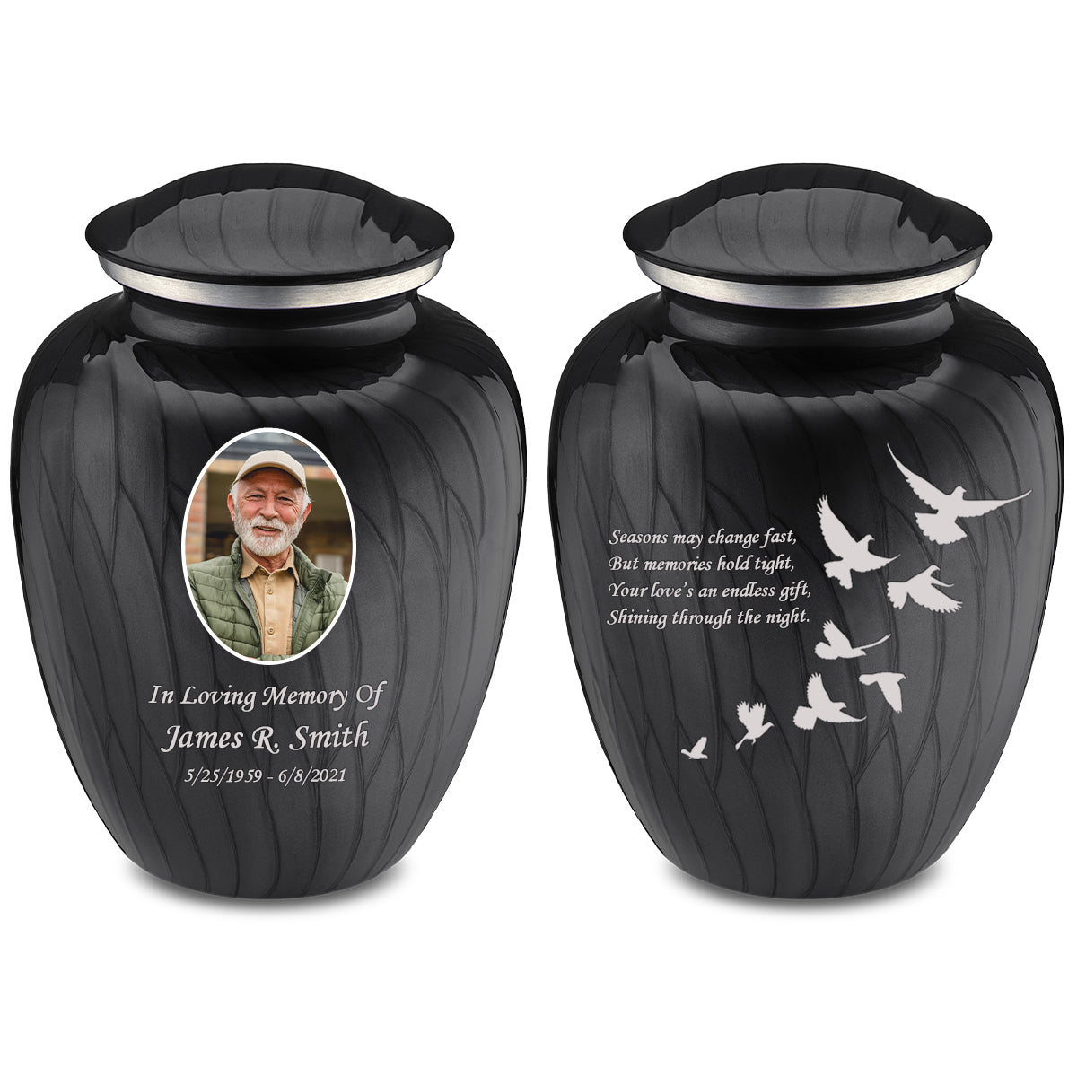 Adult Embrace Pearl Black Portrait Doves Cremation Urn