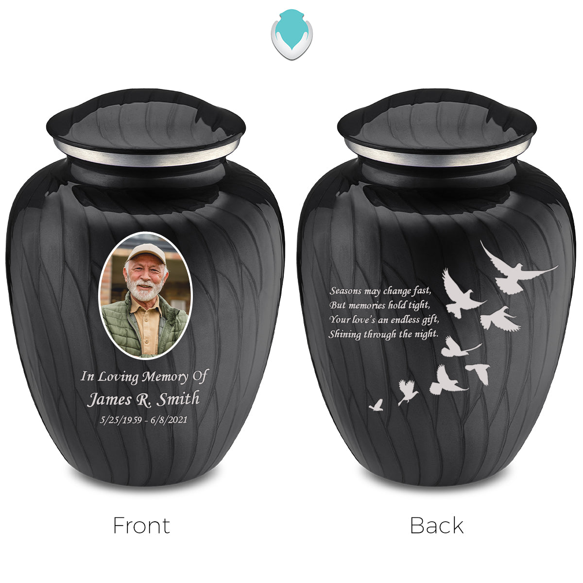 Adult Embrace Pearl Black Portrait Doves Cremation Urn