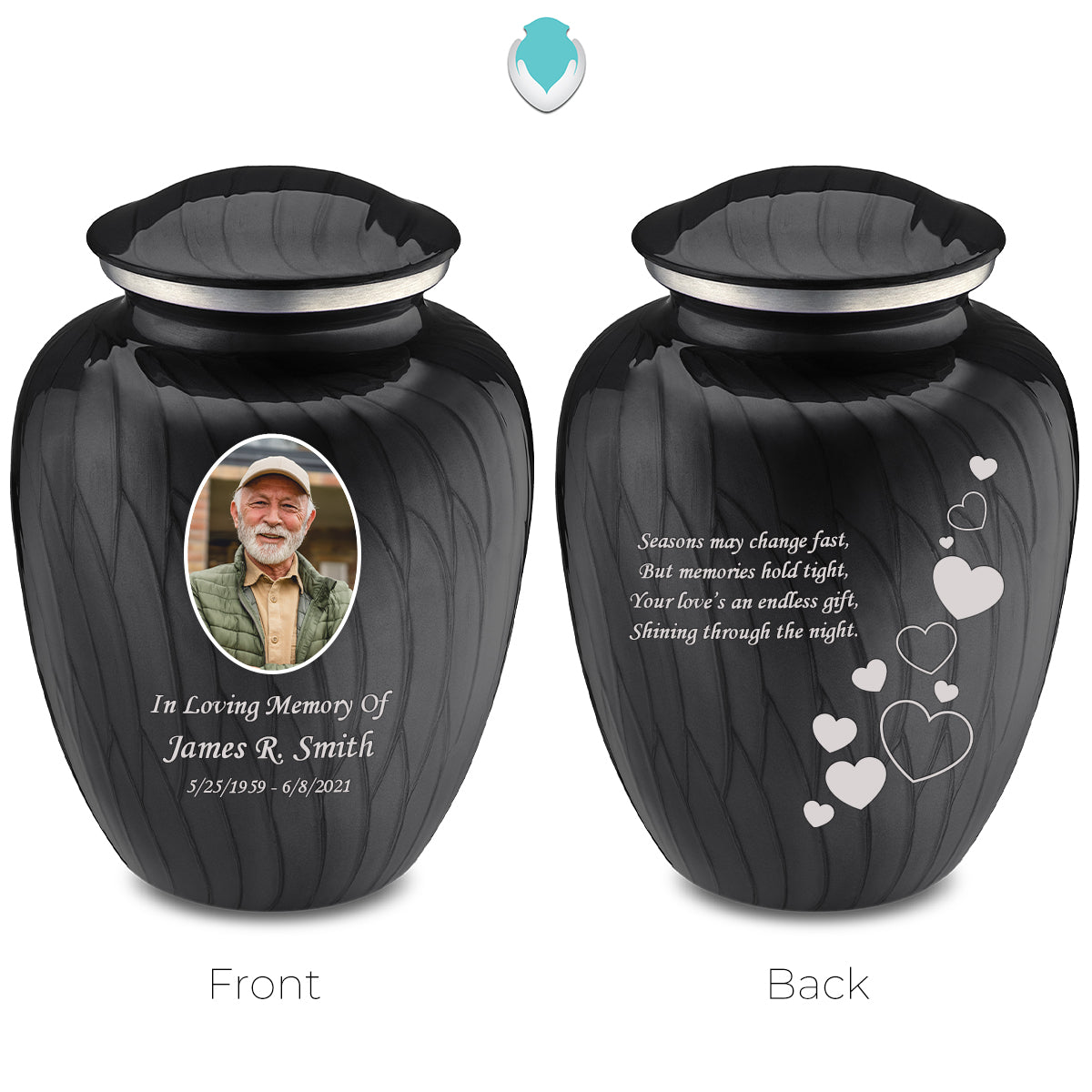 Adult Embrace Pearl Black Portrait with Floating Hearts Cremation Urn