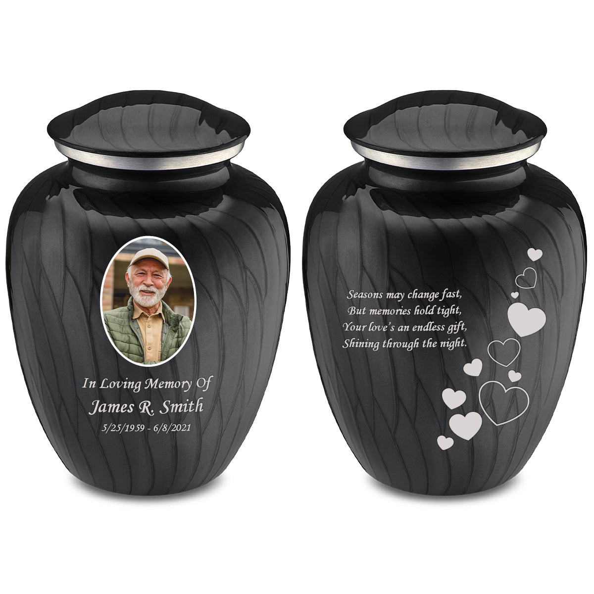 Adult Embrace Pearl Black Portrait with Floating Hearts Cremation Urn