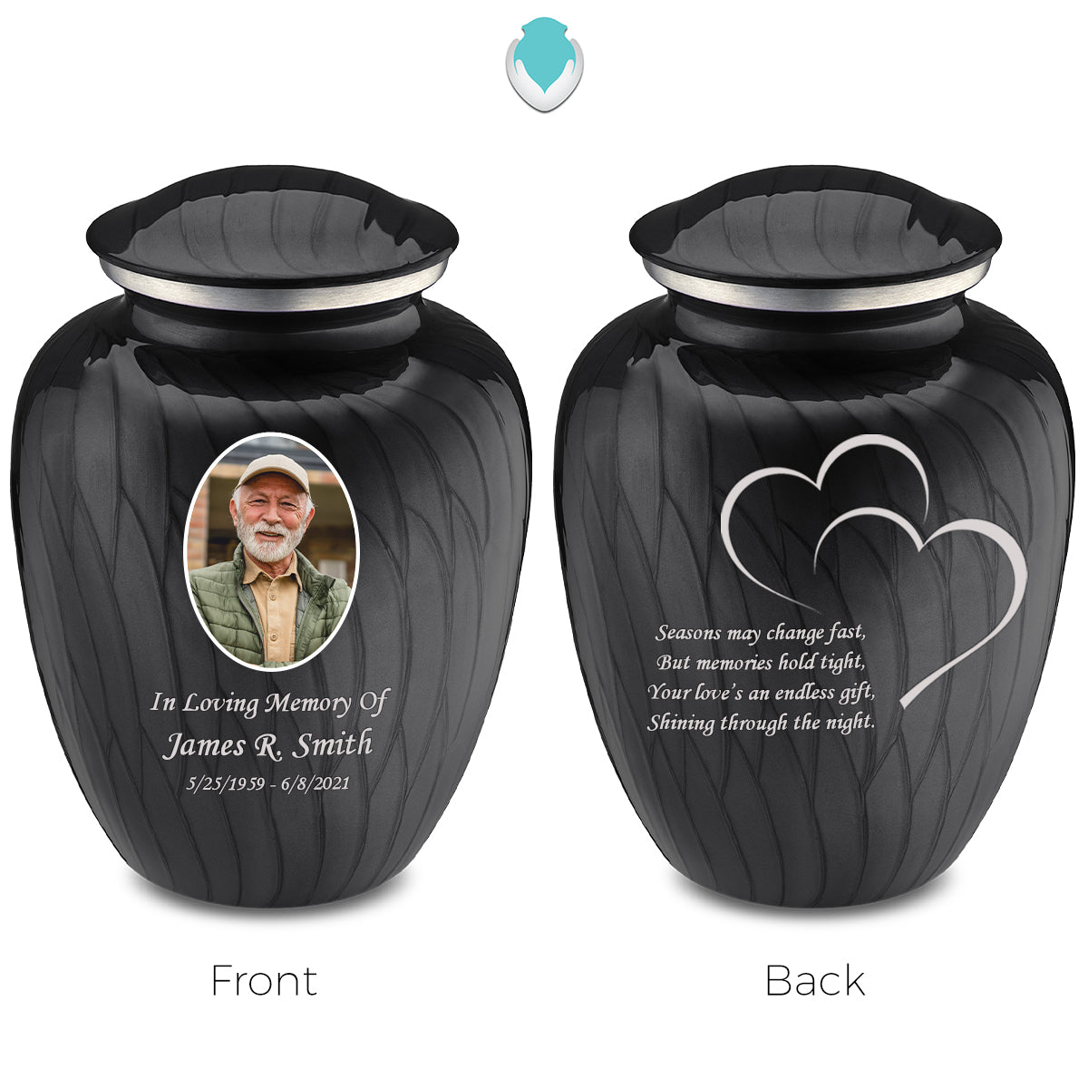 Adult Embrace Pearl Black Portrait with Hearts Cremation Urn