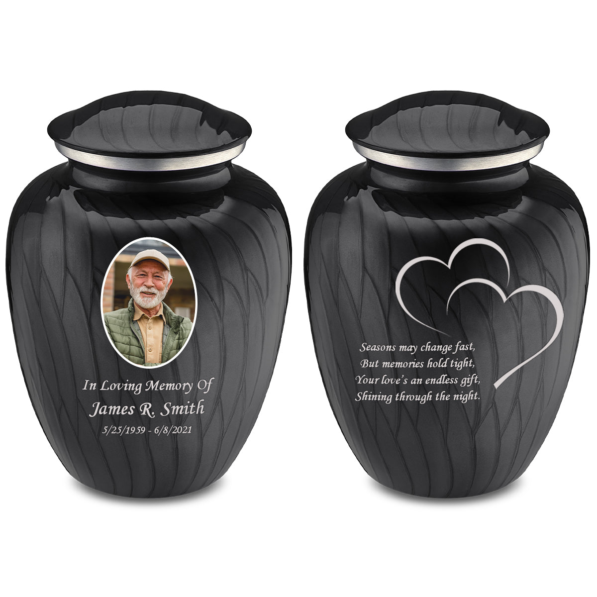 Adult Embrace Pearl Black Portrait with Hearts Cremation Urn