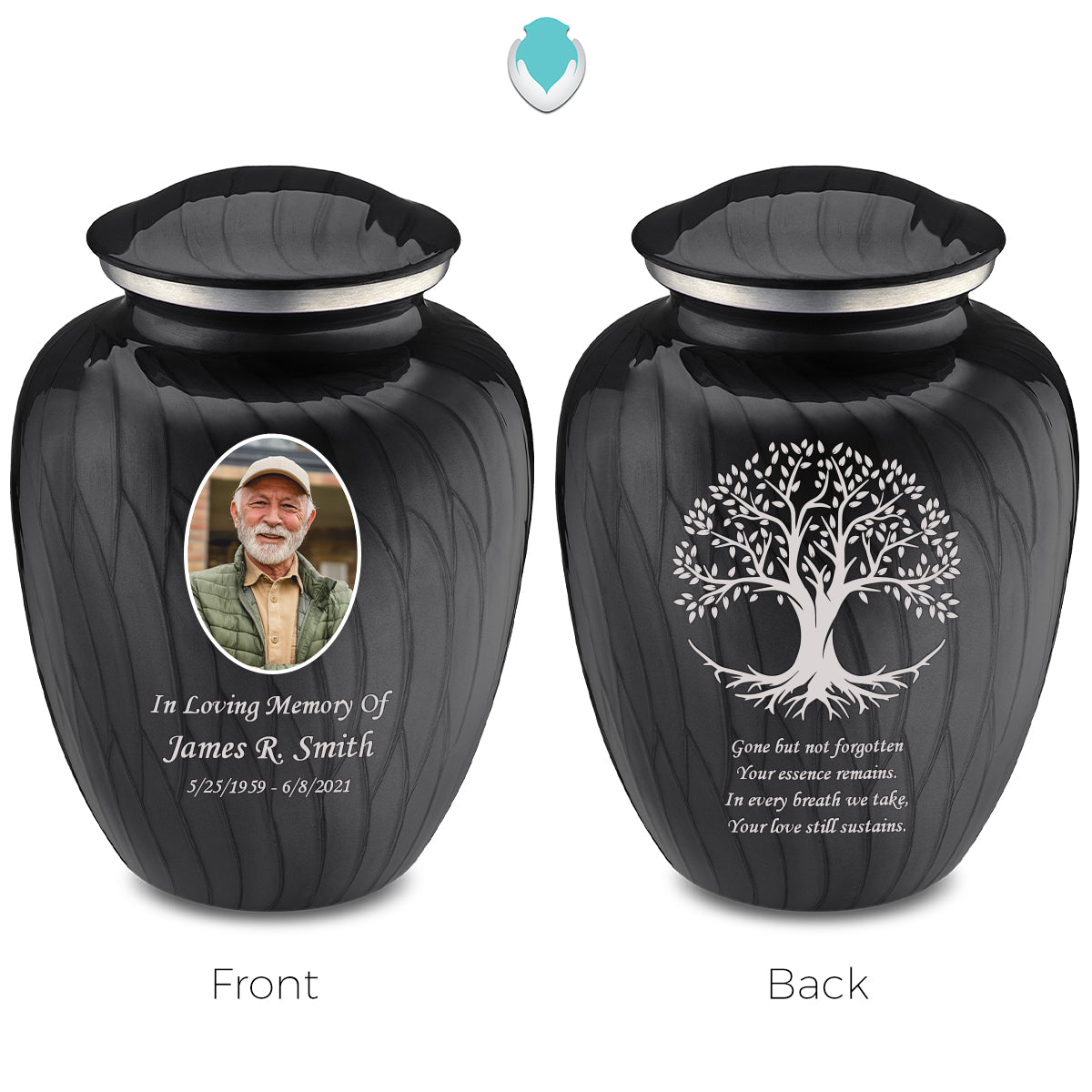 Medium Embrace Pearl Black Portrait with Tree of Life Cremation Urn