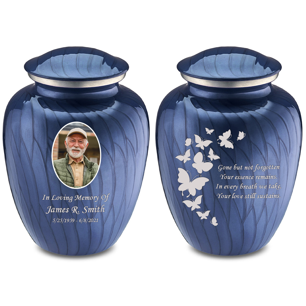 Medium Embrace Pearl Cobalt Blue Portrait with Butterflies Cremation Urn