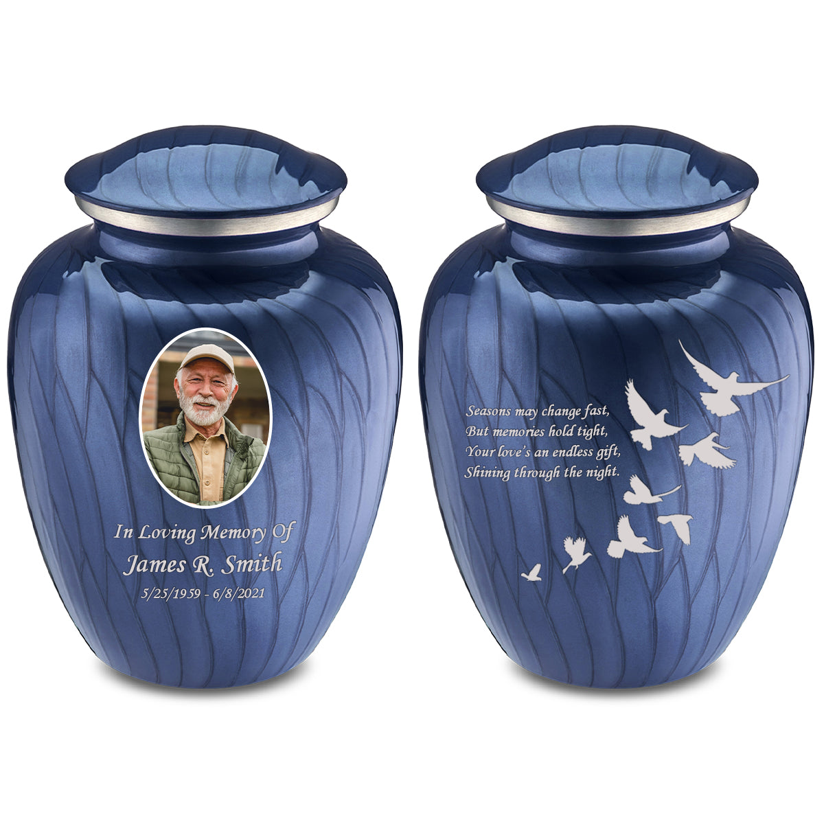 Adult Embrace Pearl Cobalt Blue Portrait with Doves Cremation Urn