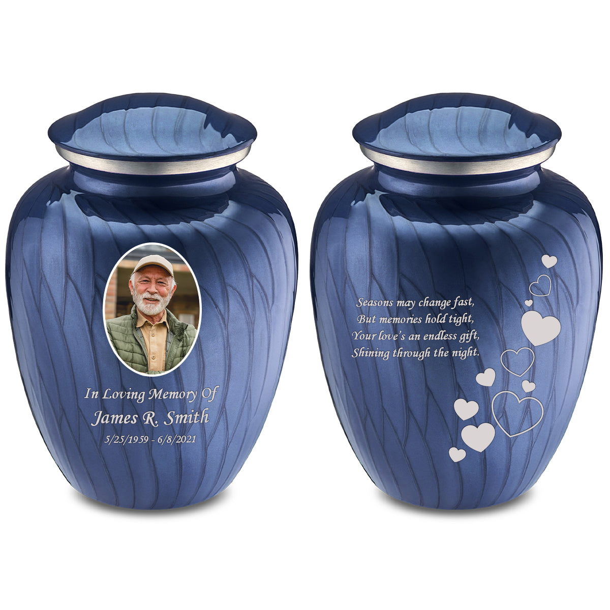 Medium Embrace Pearl Cobalt Blue Portrait with Floating Hearts Cremation Urn