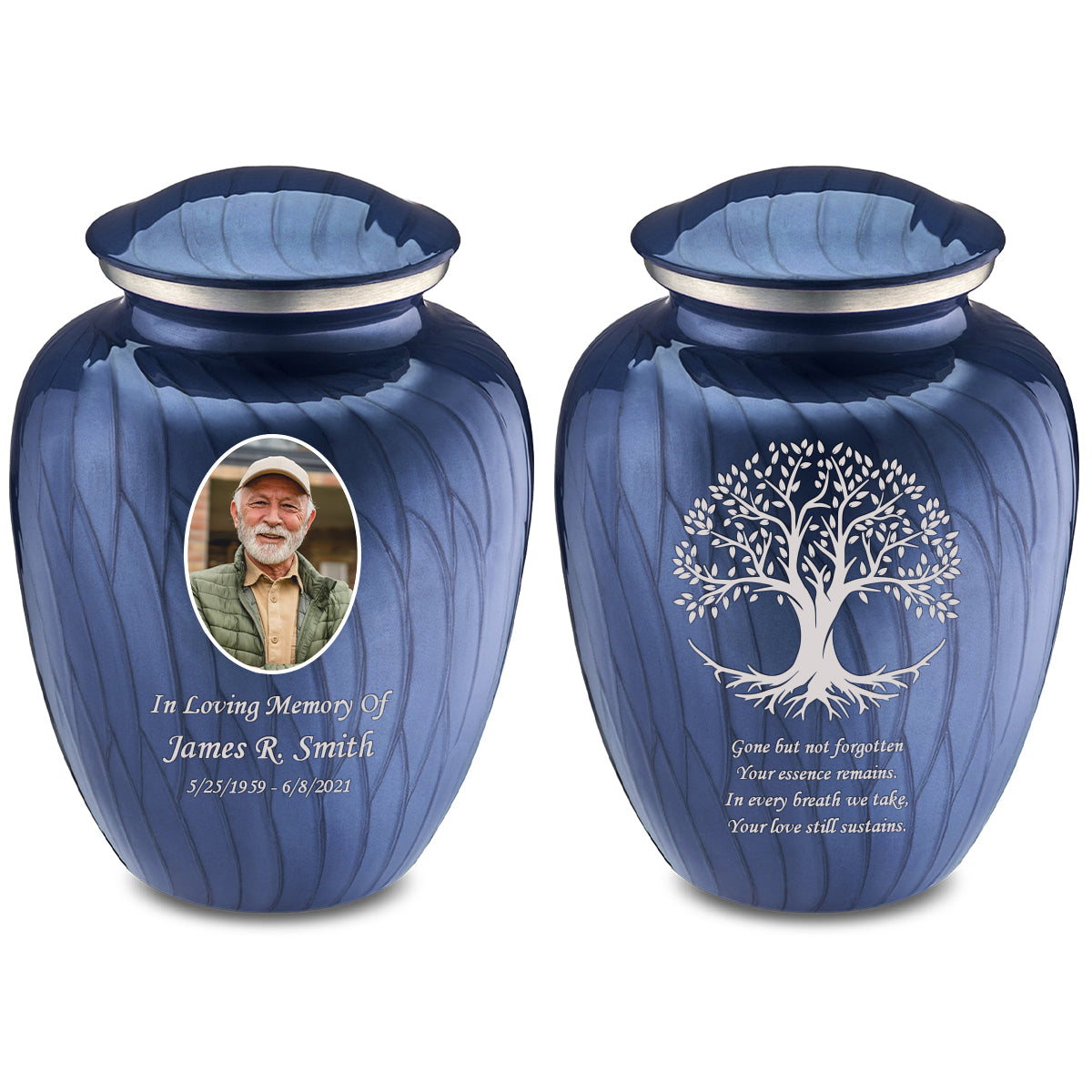 Medium Embrace Pearl Cobalt Blue Portrait with Tree of Life Cremation Urn