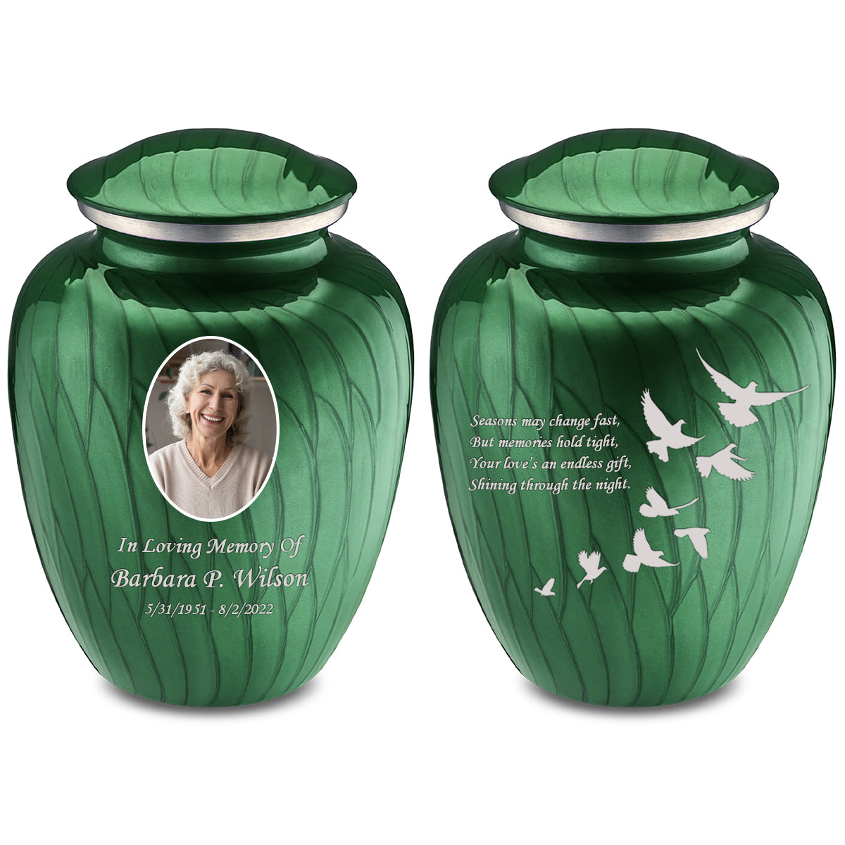 Medium Embrace Pearl Green Portrait with Doves Cremation Urn