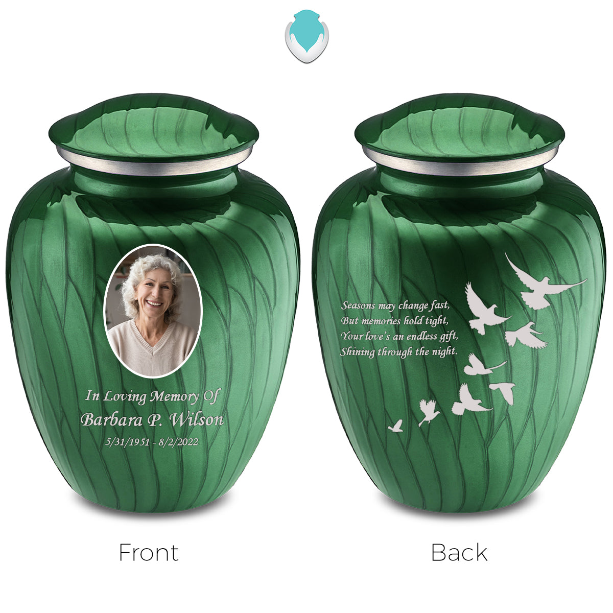 Medium Embrace Pearl Green Portrait with Doves Cremation Urn