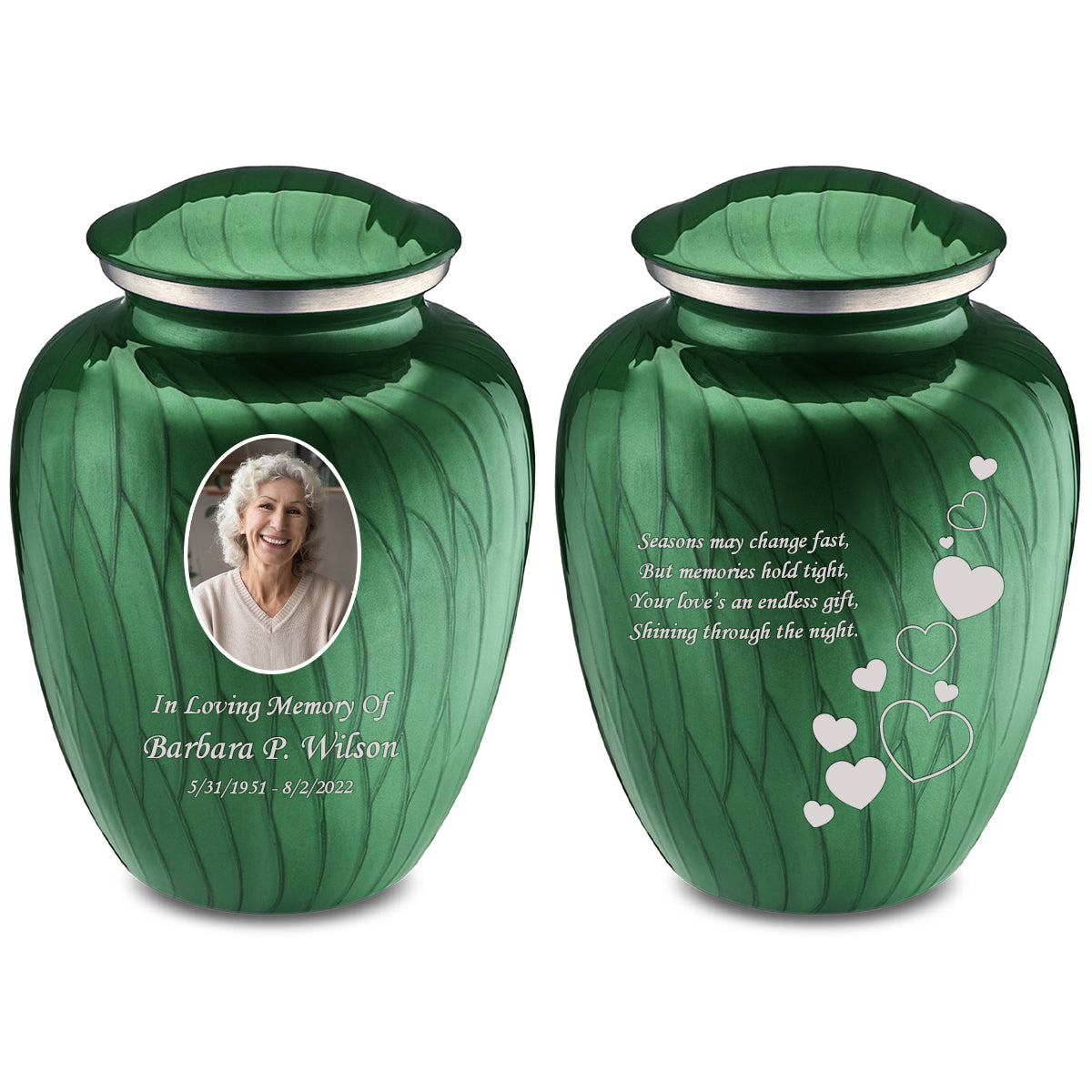 Medium Embrace Pearl Green Portrait with Floating Hearts Cremation Urn