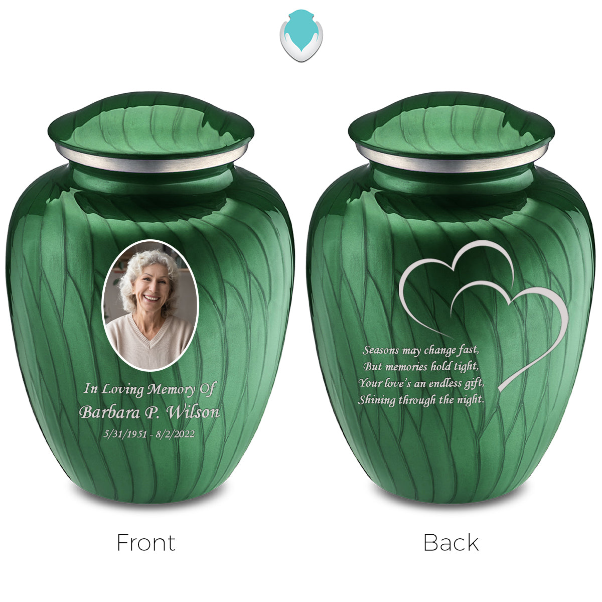 Adult Embrace Pearl Green Portrait with Hearts Cremation Urn