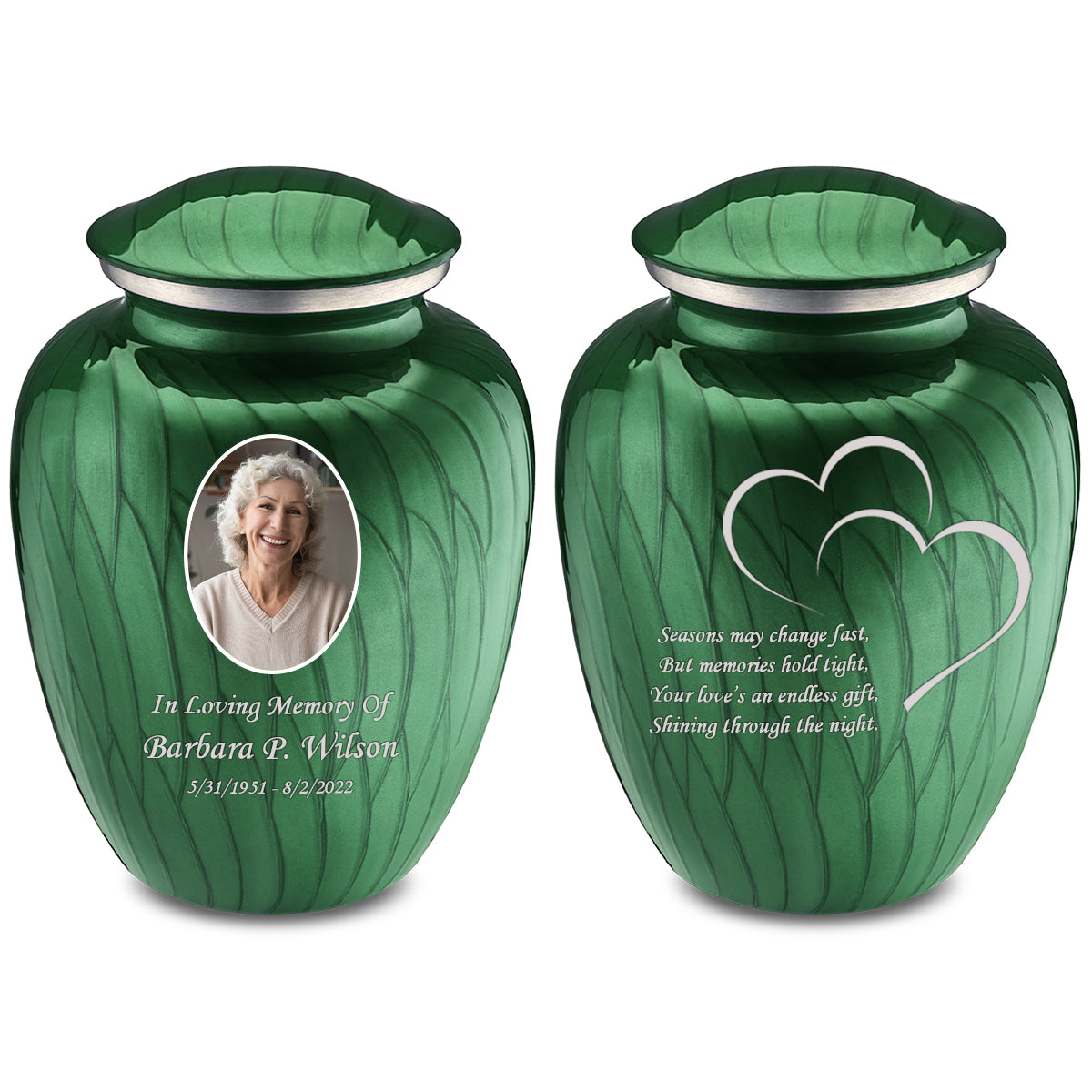 Adult Embrace Pearl Green Portrait with Hearts Cremation Urn