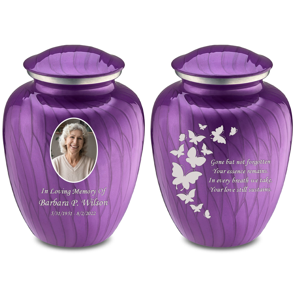 Medium Embrace Pearl Purple Portrait with Butterflies Cremation Urn