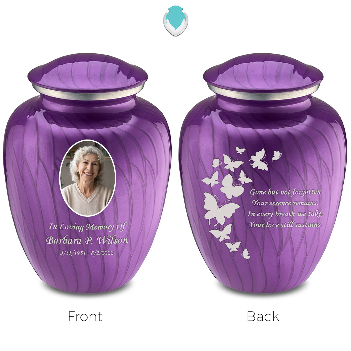 Medium Embrace Pearl Purple Portrait with Butterflies Cremation Urn