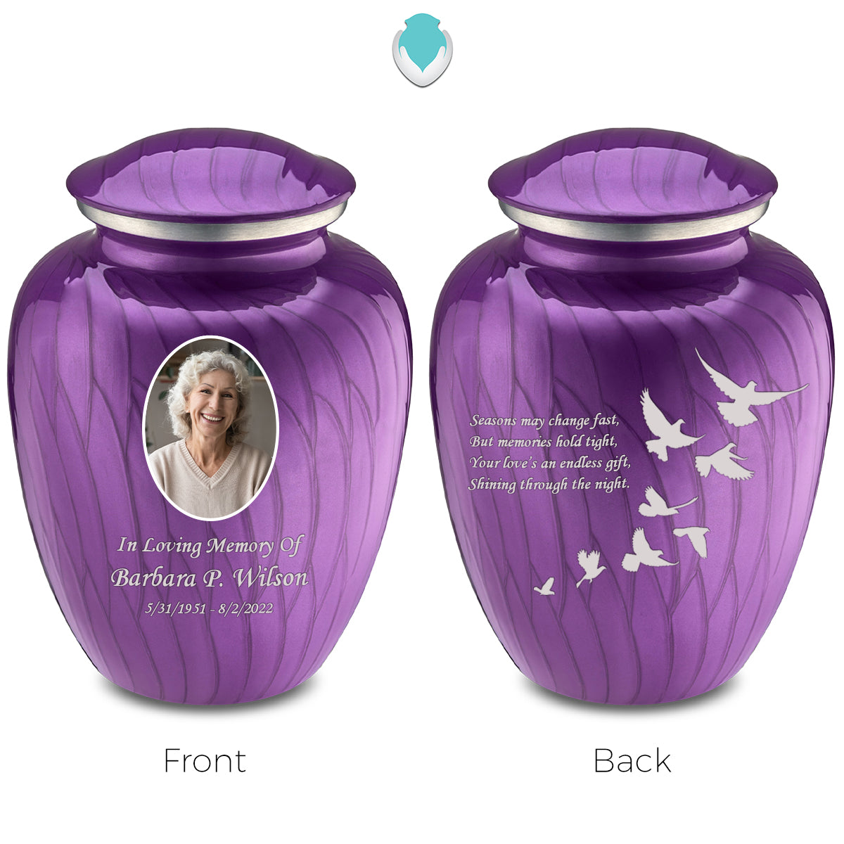 Adult Embrace Pearl Purple Portrait with Doves Cremation Urn