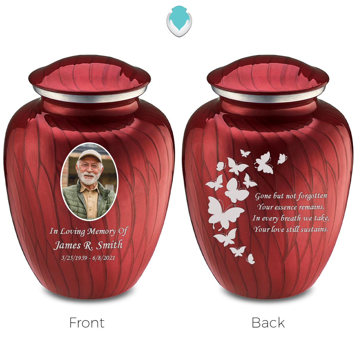 Medium Embrace Pearl Candy Red Portrait with Butterflies Cremation Urn
