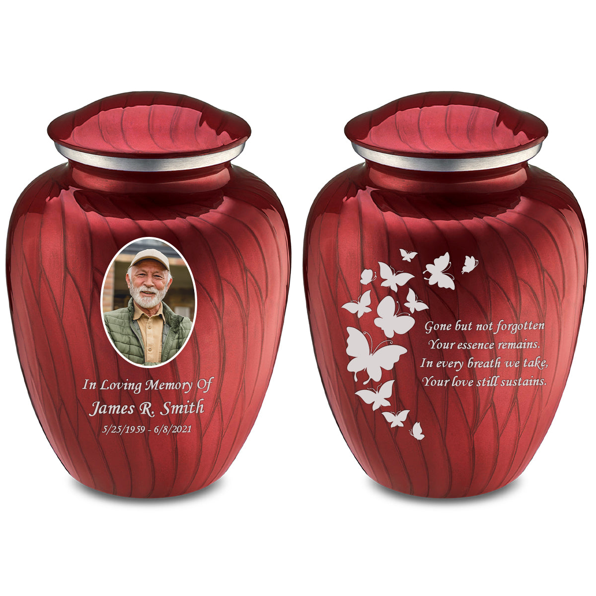 Medium Embrace Pearl Candy Red Portrait with Butterflies Cremation Urn