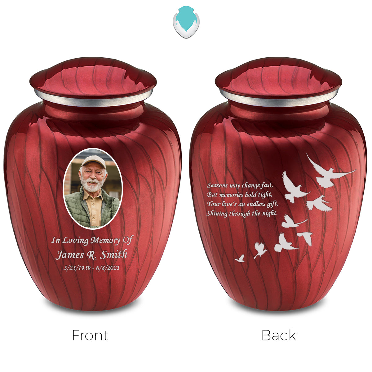 Medium Embrace Pearl Candy Red Portrait with Doves Cremation Urn