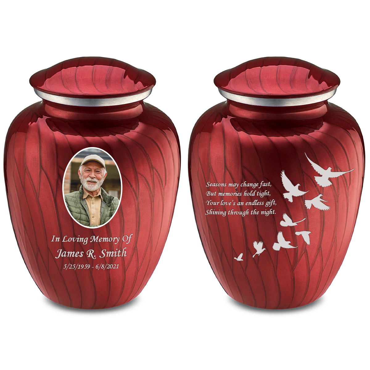 Adult Embrace Pearl Candy Red Portrait with Doves Cremation Urn