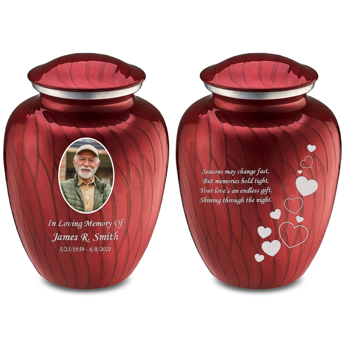 Medium Embrace Pearl Candy Red Portrait with Floating Hearts Cremation Urn