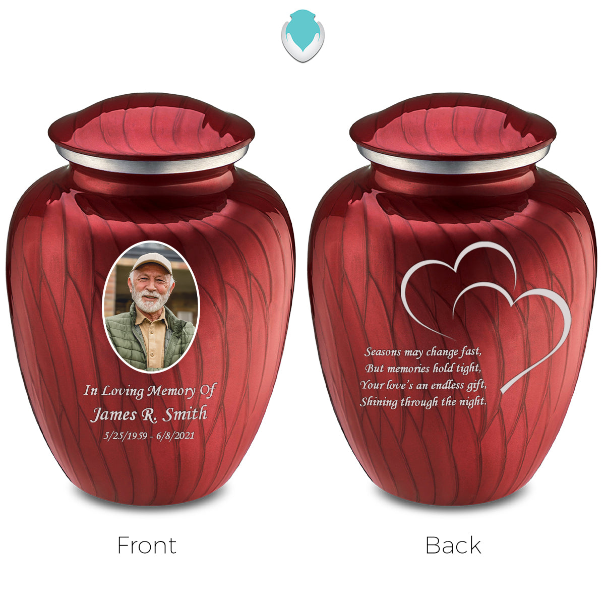Adult Embrace Pearl Candy Red Portrait with Hearts Cremation Urn