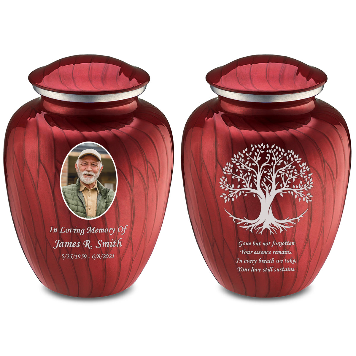 Adult Embrace Pearl Candy Red Portrait with Tree of Life Cremation Urn