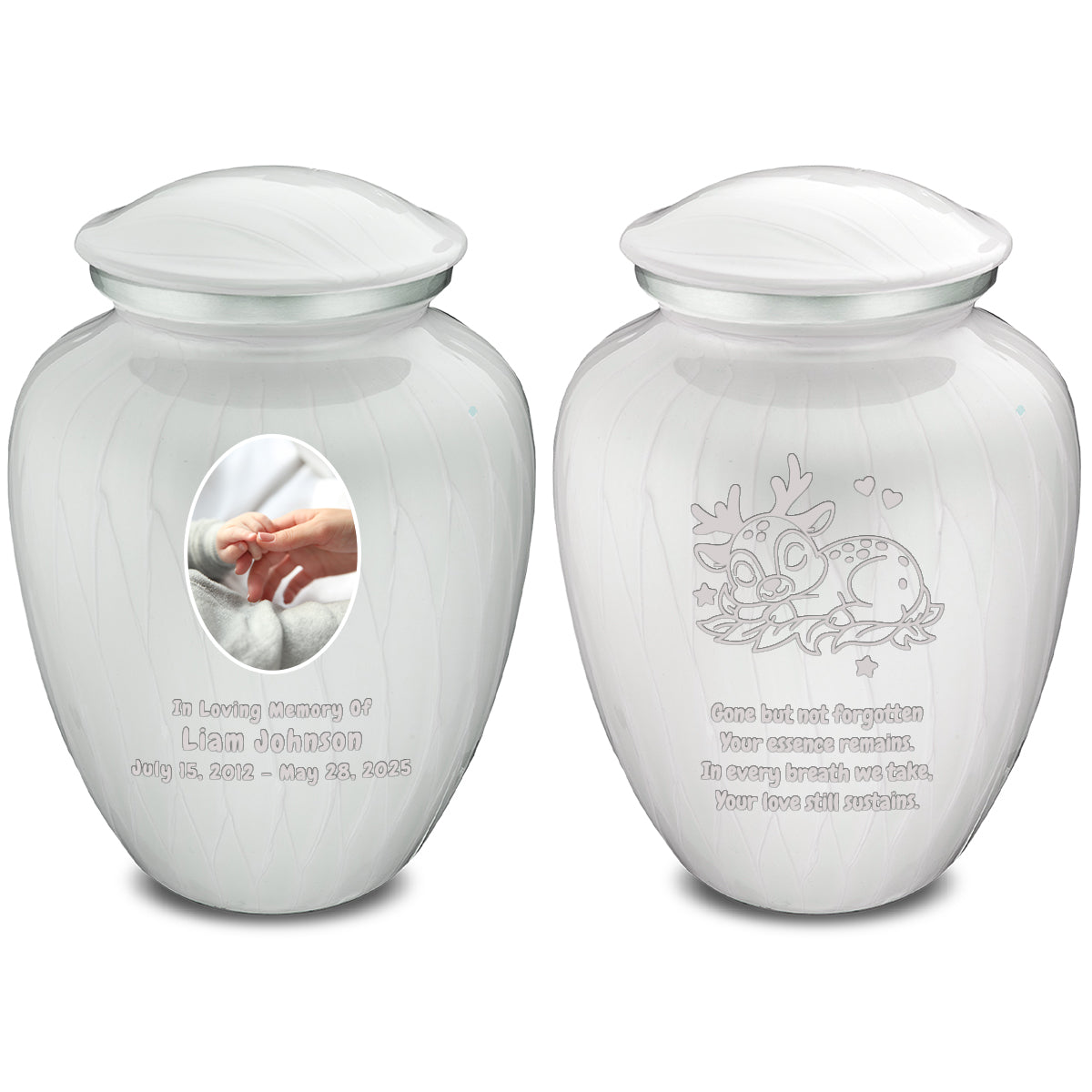 Small Embrace Pearl White Portrait with Baby Deer Cremation Urn