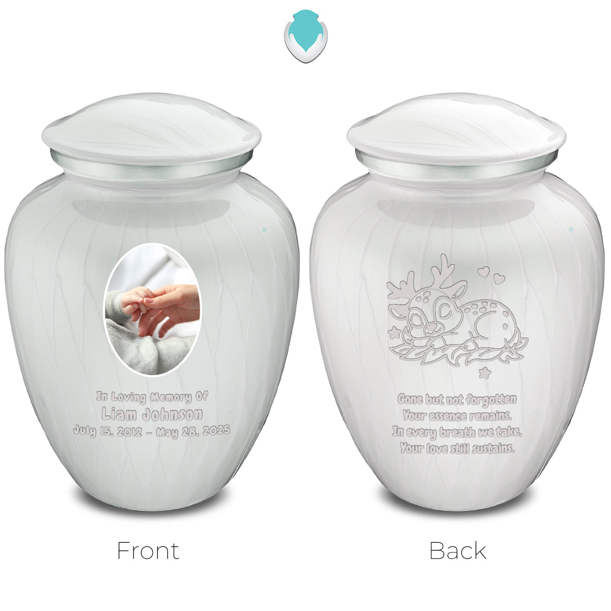 Small Embrace Pearl White Portrait with Baby Deer Cremation Urn
