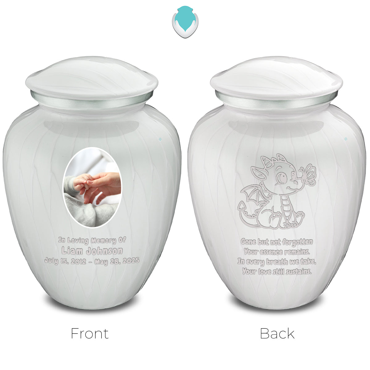 Small Embrace Pearl White Portrait with Baby Dragon Cremation Urn