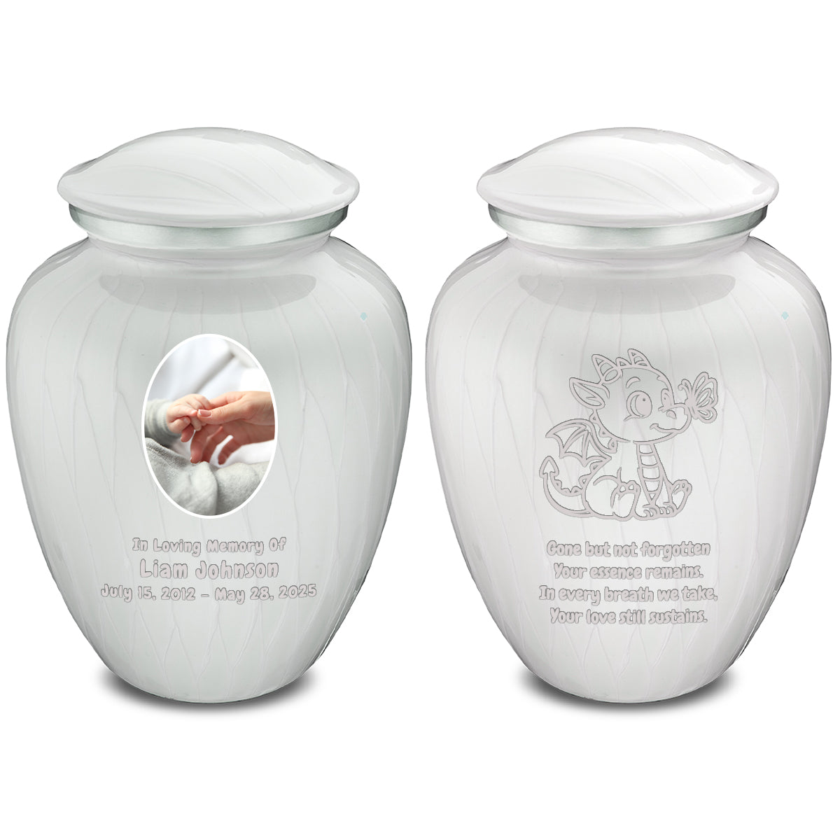 Small Embrace Pearl White Portrait with Baby Dragon Cremation Urn