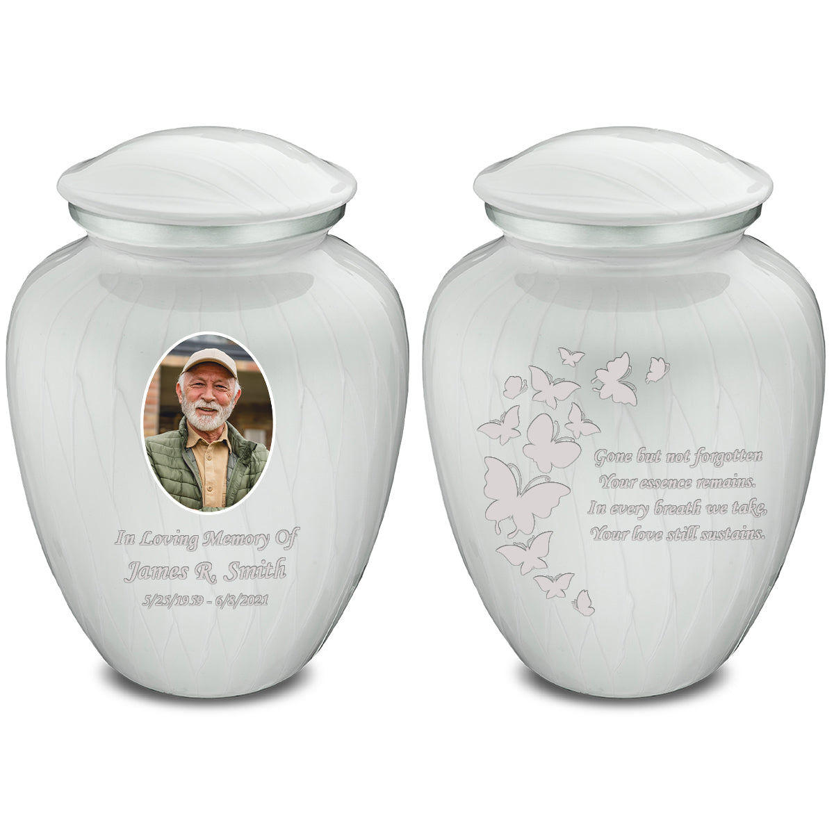 Adult Embrace Pearl White Portrait with Butterflies Cremation Urn