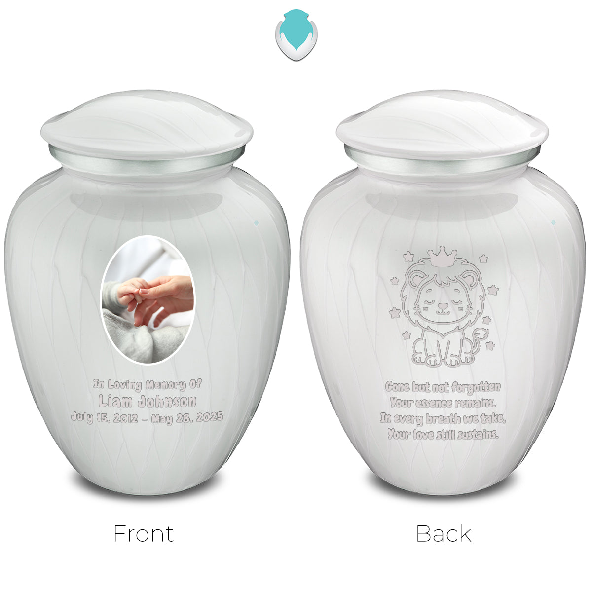 Small Embrace Pearl White Portrait with Baby Lion Cremation Urn