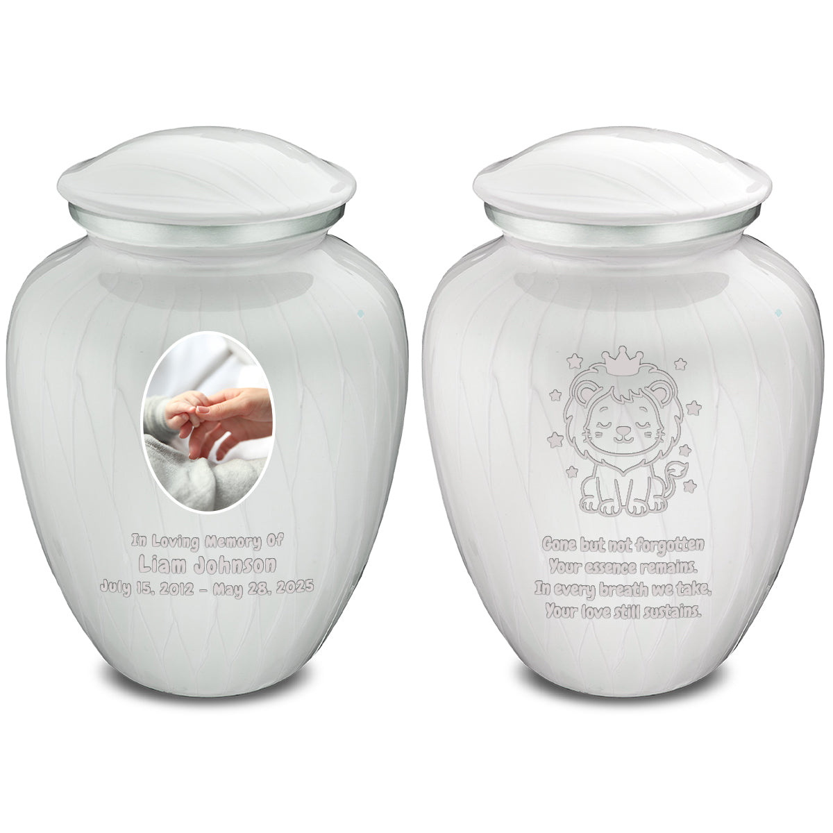 Small Embrace Pearl White Portrait with Baby Lion Cremation Urn