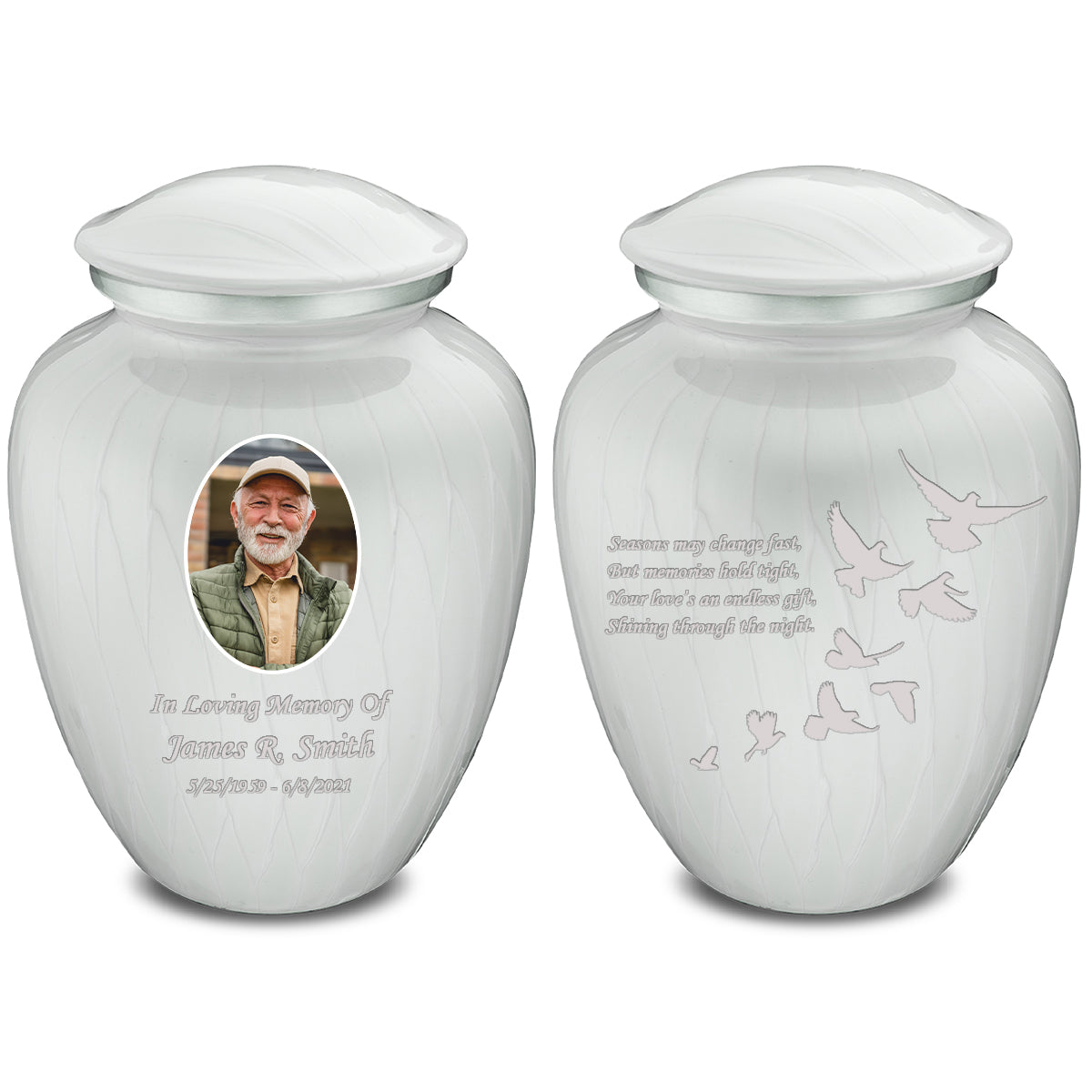 Medium Embrace Pearl White Portrait with Doves Cremation Urn
