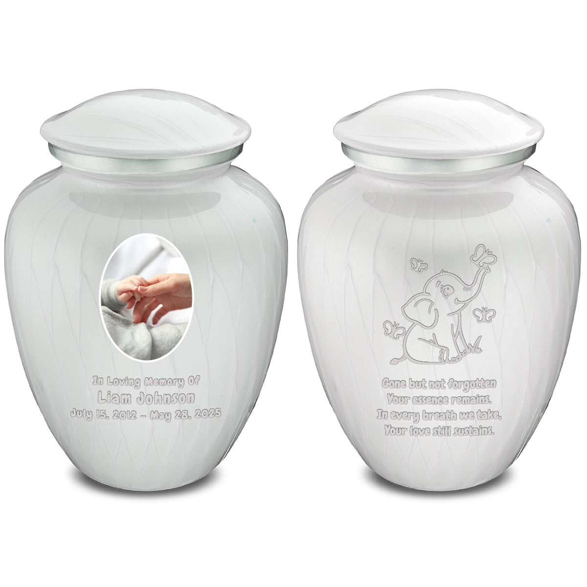 Small Embrace Pearl White Portrait with Elephant Butterflies Cremation Urn